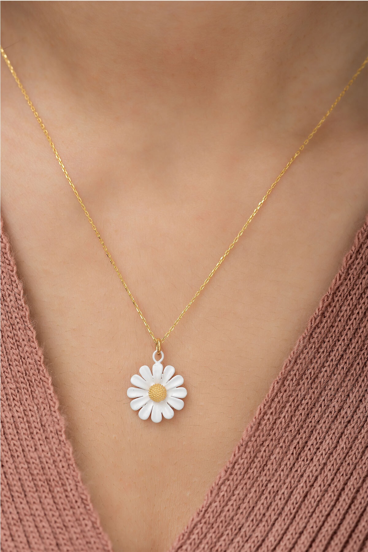 925 Ayar Gümüş Özel Tasarım Papatya Kolye Mineli Altın Kaplama