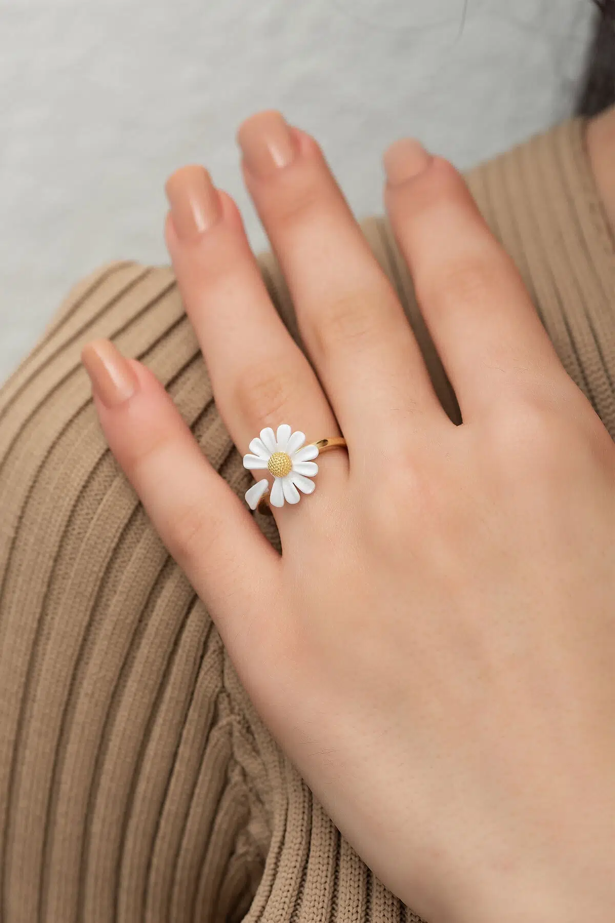 925 Ayar Gümüş Papatya Yüzük Özel Tasarım Altın Kaplama Mineli