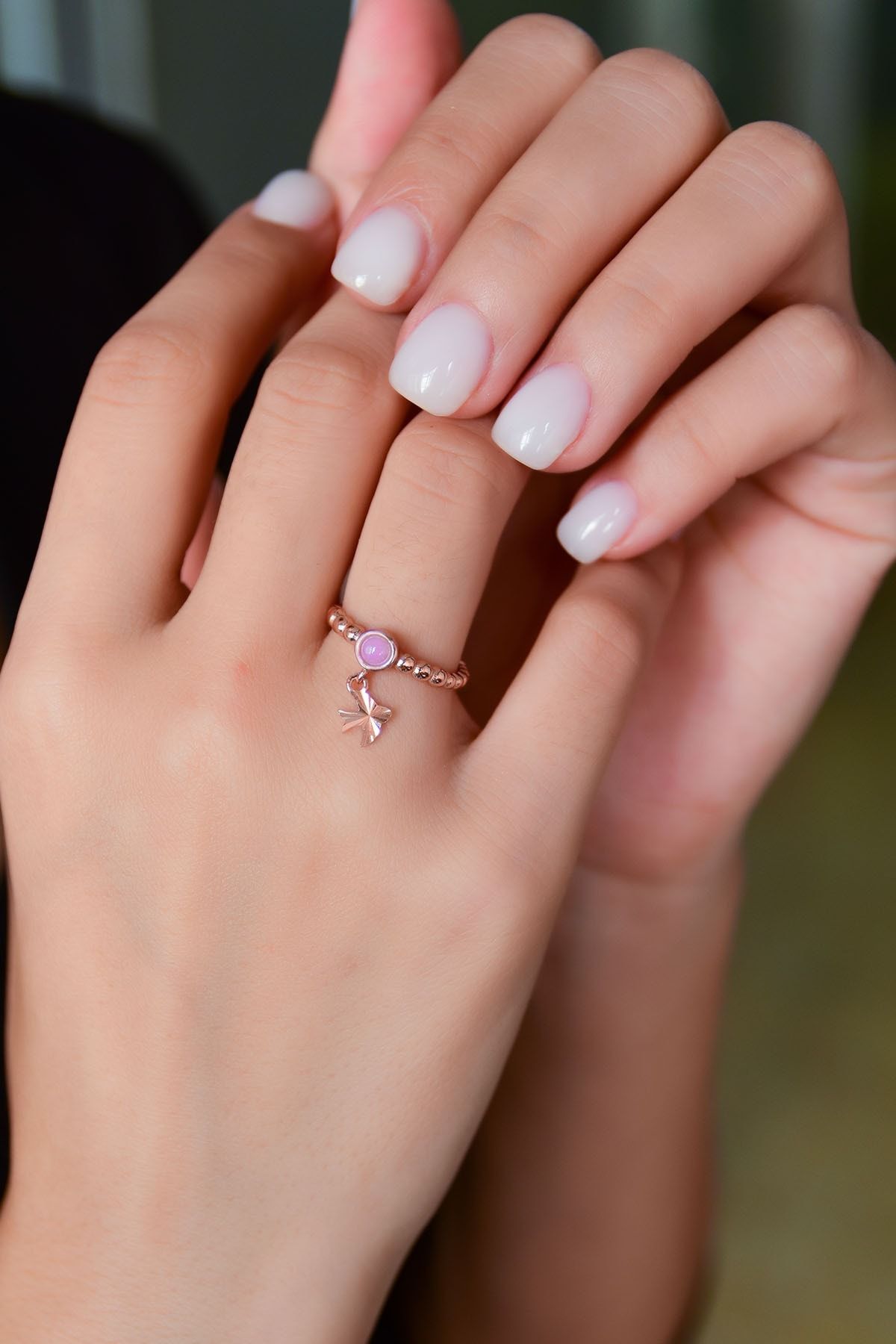 925 Ayar Gümüş Pembe Ay Taşlı Kırlangıç Motifli Ayarlanabilir Kadın Yüzük