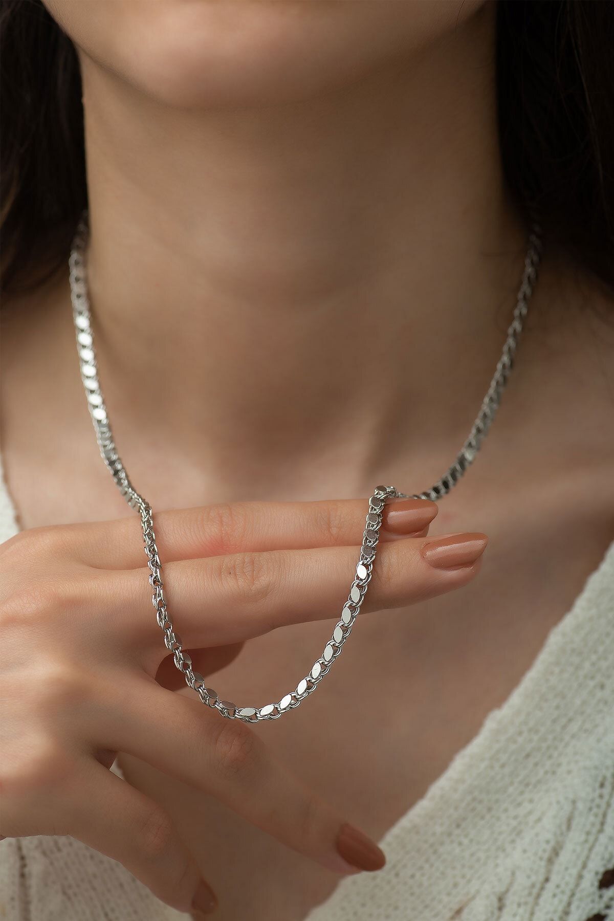 925 Ayar Gümüş Pul Zincir Kadın Kolye Rodyum Kaplama