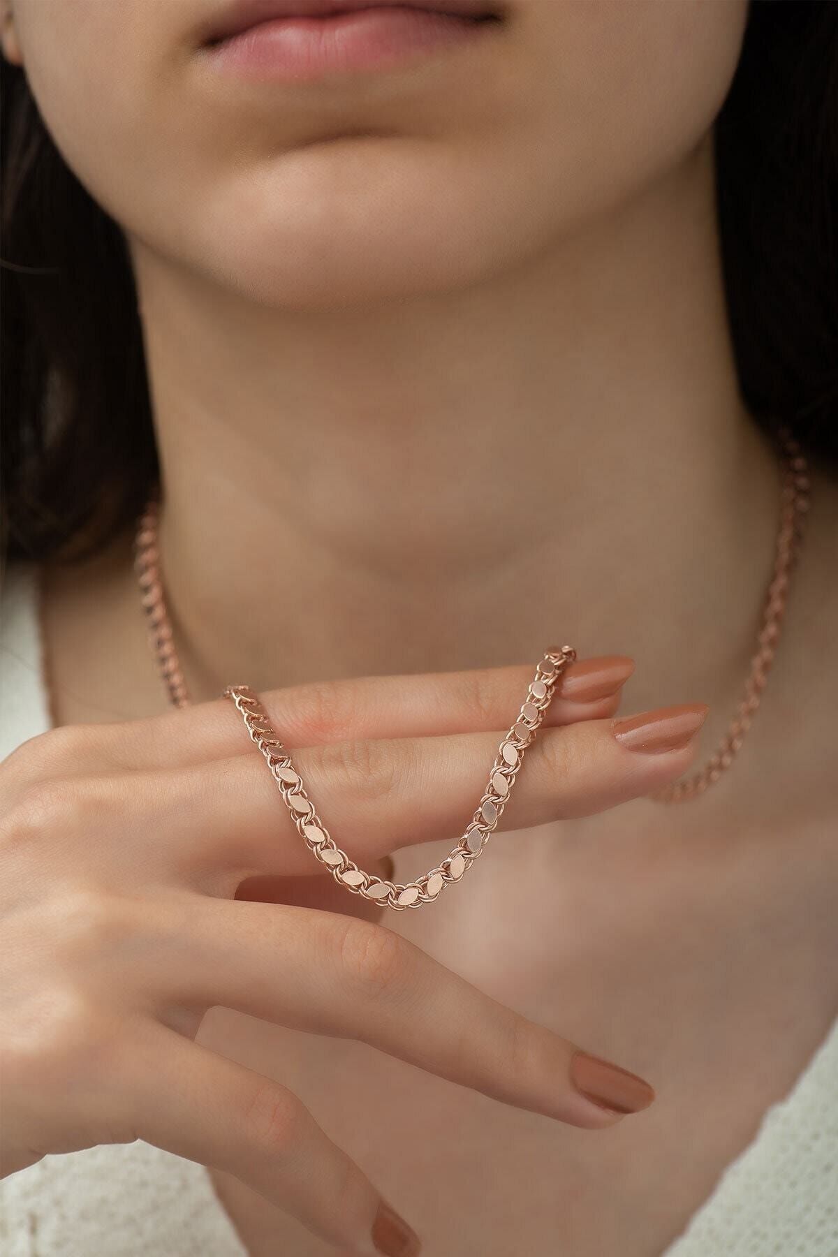 925 Ayar Gümüş Pul Zincir Kadın Kolye Rose Kaplama