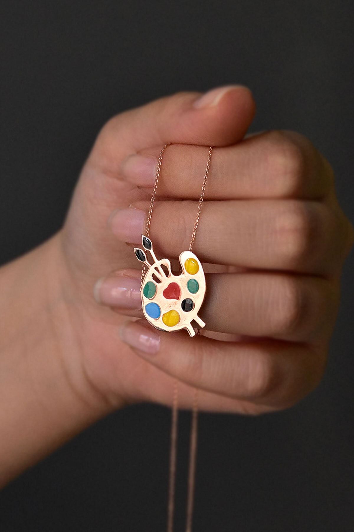 925 Ayar Gümüş Renkli Mineli Palet Kolye