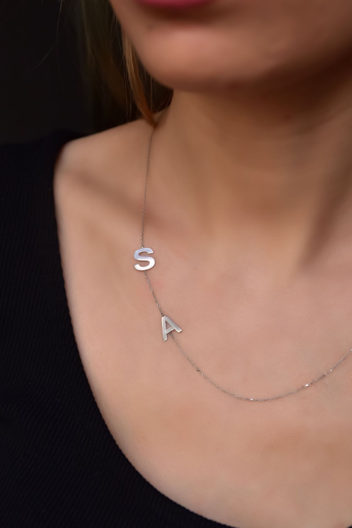 925 Ayar Gümüş Rodyum Kaplama Asimetrik S Ve A Harf Kolye