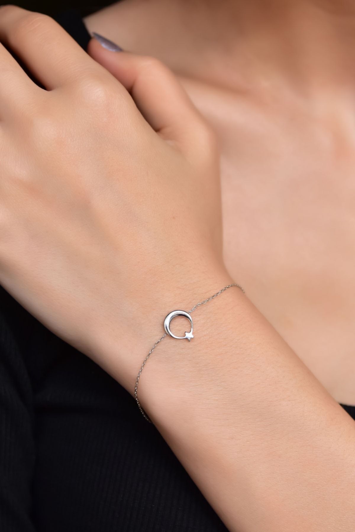 925 Ayar Gümüş Rodyum Kaplama Ay Yıldız Bileklik