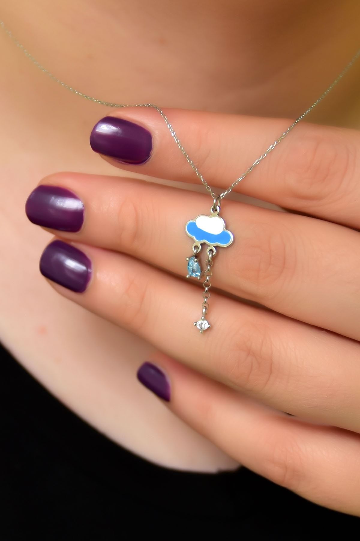 925 Ayar Gümüş Rodyum Kaplama Beyaz Mavi Akışlı Mineli Yağmur Bulut Kolye