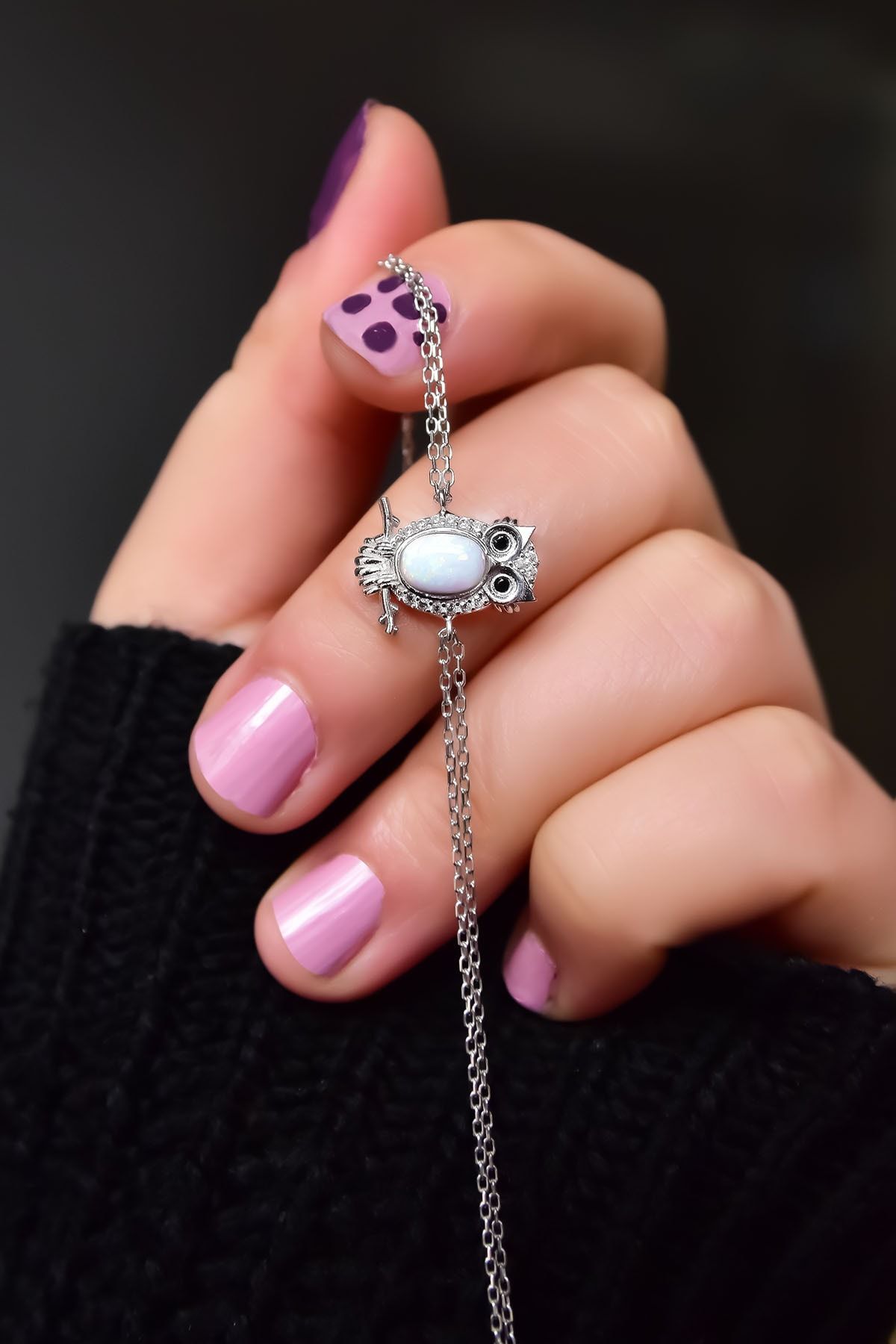 925 Ayar Gümüş Rodyum Kaplama Beyaz Opal Baykuş Bileklik