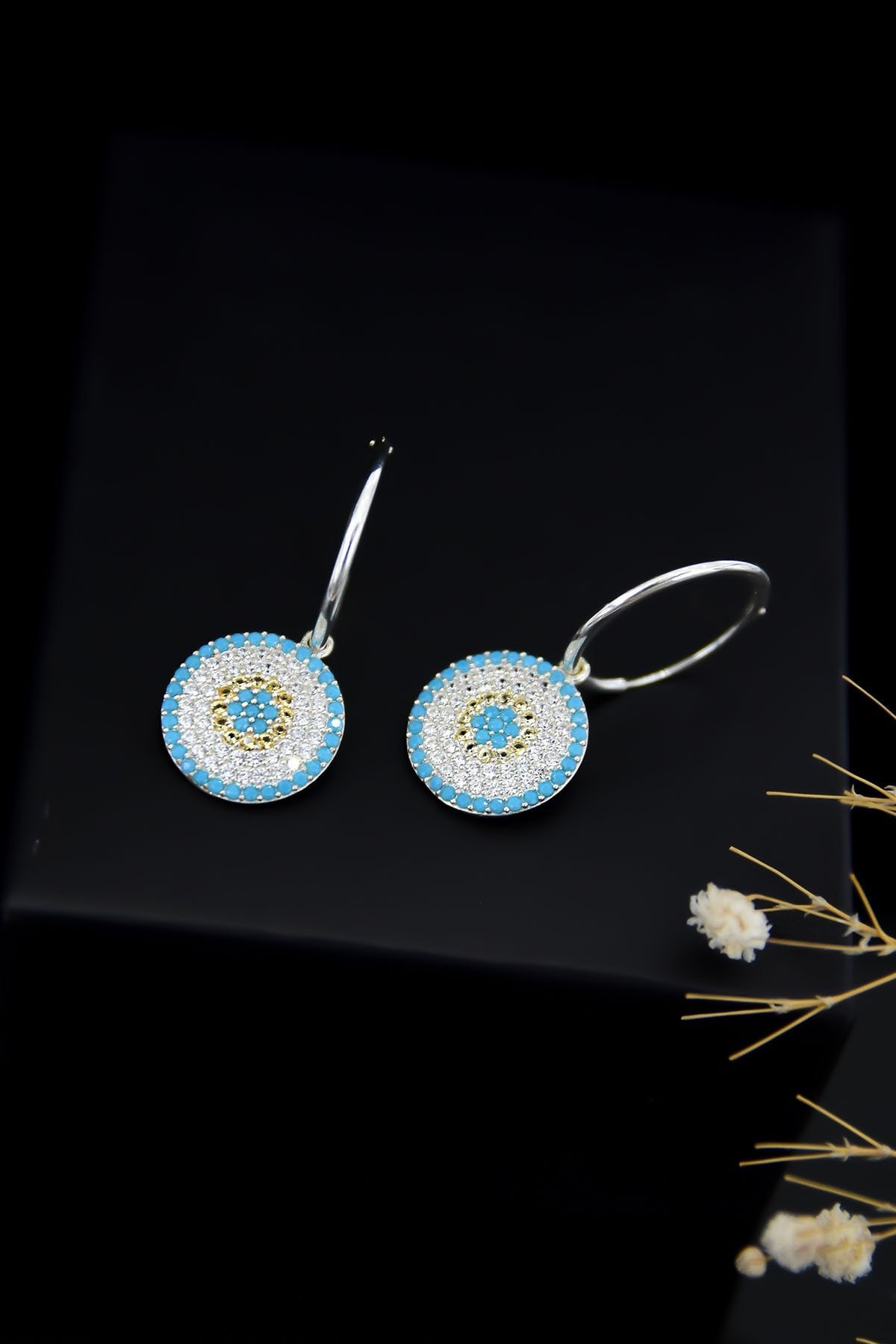 925 Ayar Gümüş Rodyum Kaplama Büyük Boy Firuze Nazar Halka Kadın Küpe Uvpts300019