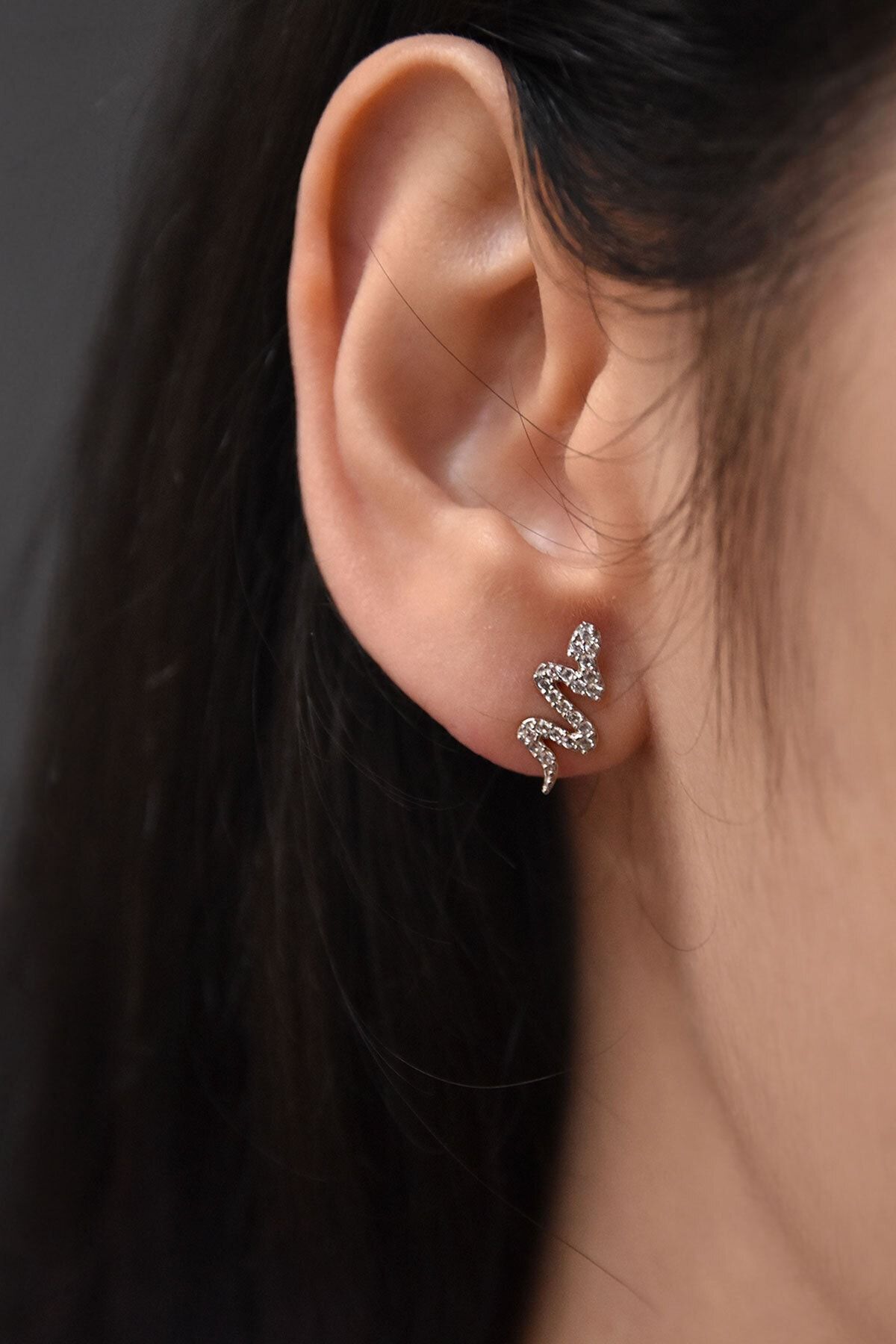 925 Ayar Gümüş Rodyum Kaplama Çivili Yılan Küpe