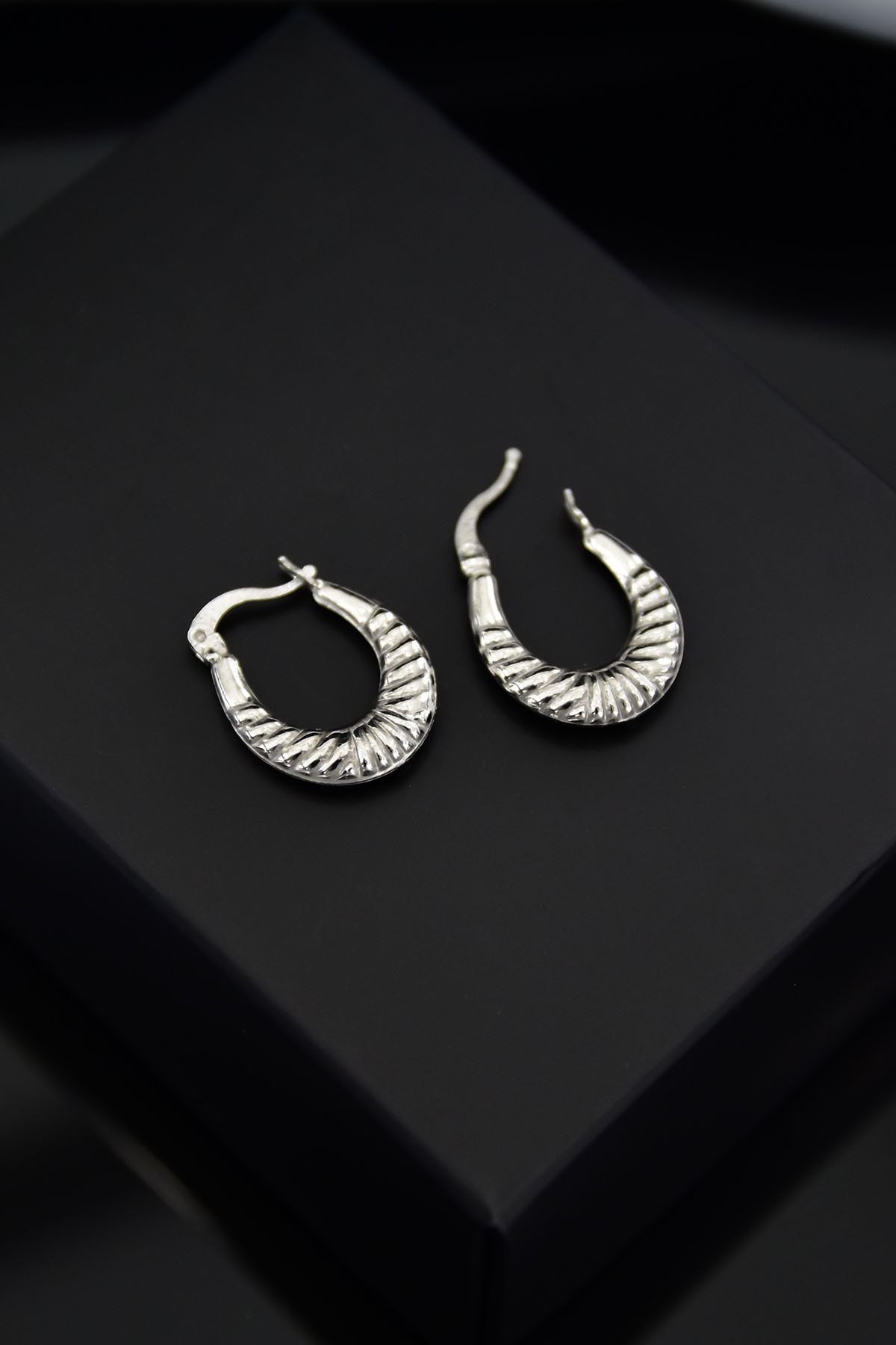 925 Ayar Gümüş Rodyum Kaplama Çizgi Desenli Licuala Klipsli Küpe