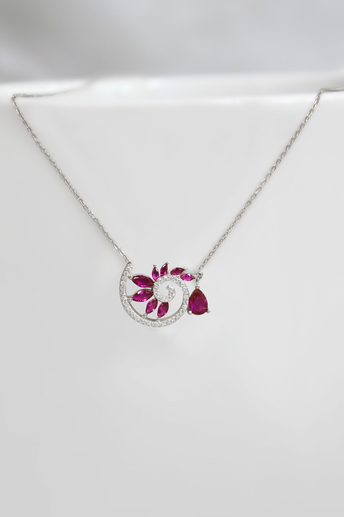 925 Ayar Gümüş Rodyum Kaplama Damla Pembe Taşlı Spiral Snail Tasarım Kolye