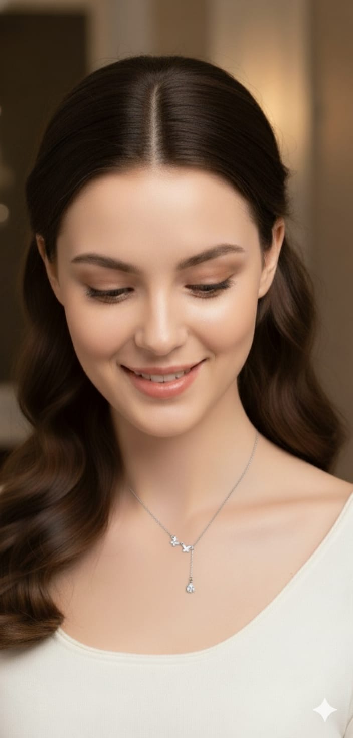 925 Ayar Gümüş Rodyum Kaplama Damla Taşlı Kelebek Kolye