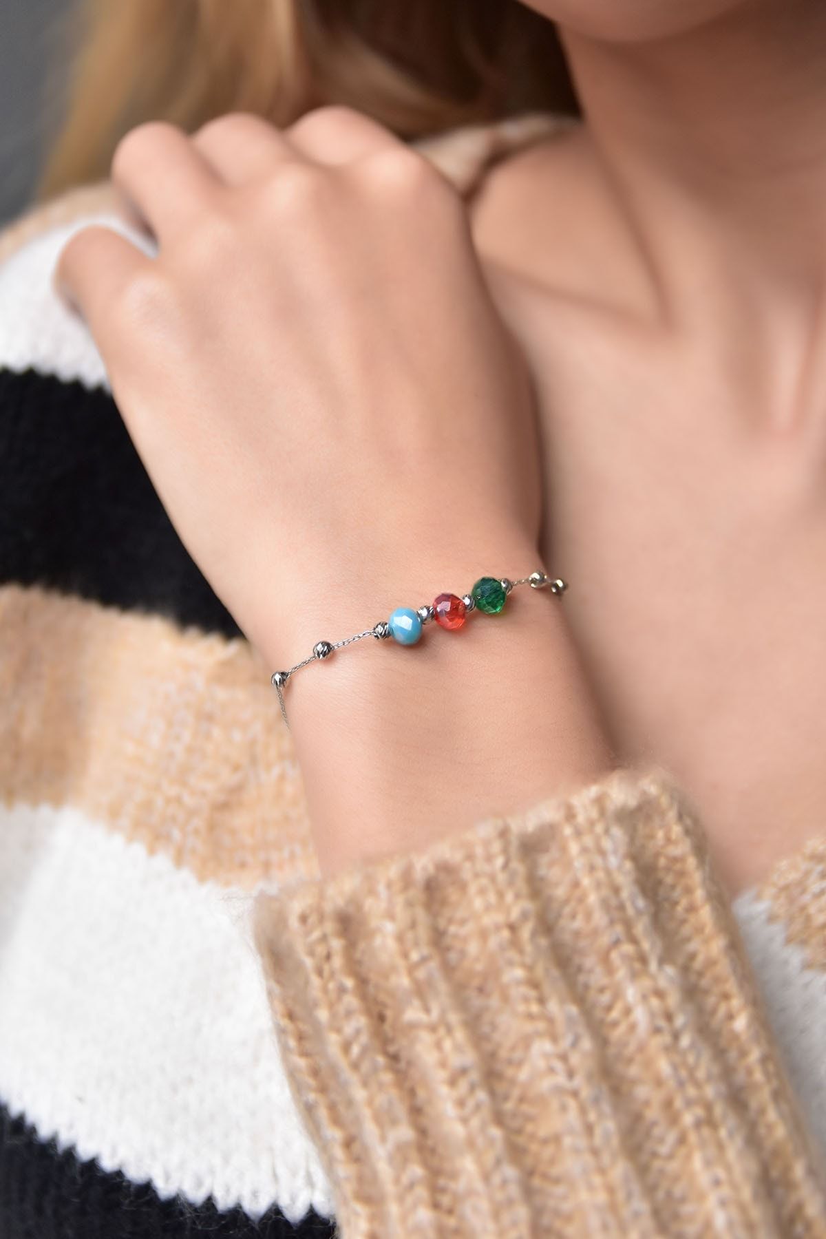 925 Ayar Gümüş Rodyum Kaplama Dorika Toplu Doğal Taşlı Bileklik