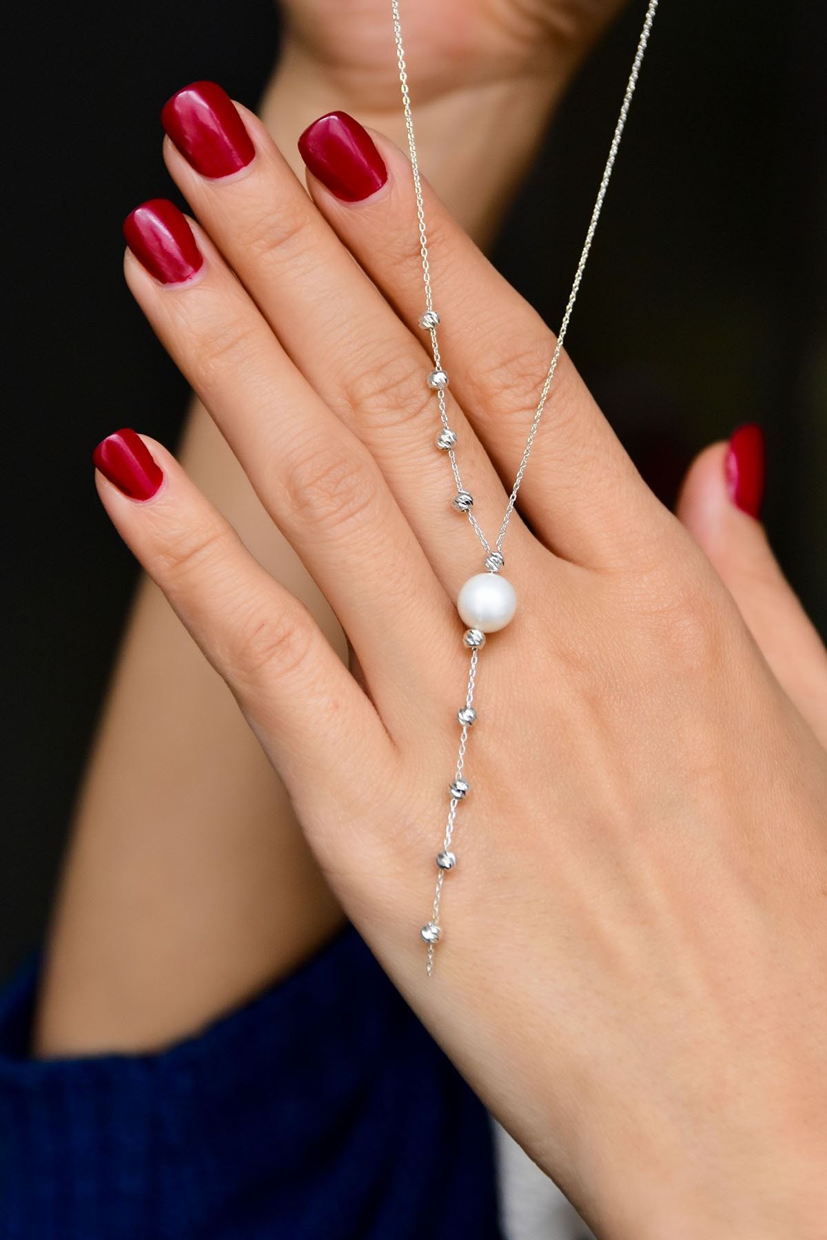 925 Ayar Gümüş Rodyum Kaplama Dorika Toplu Incili Kadın Kolye