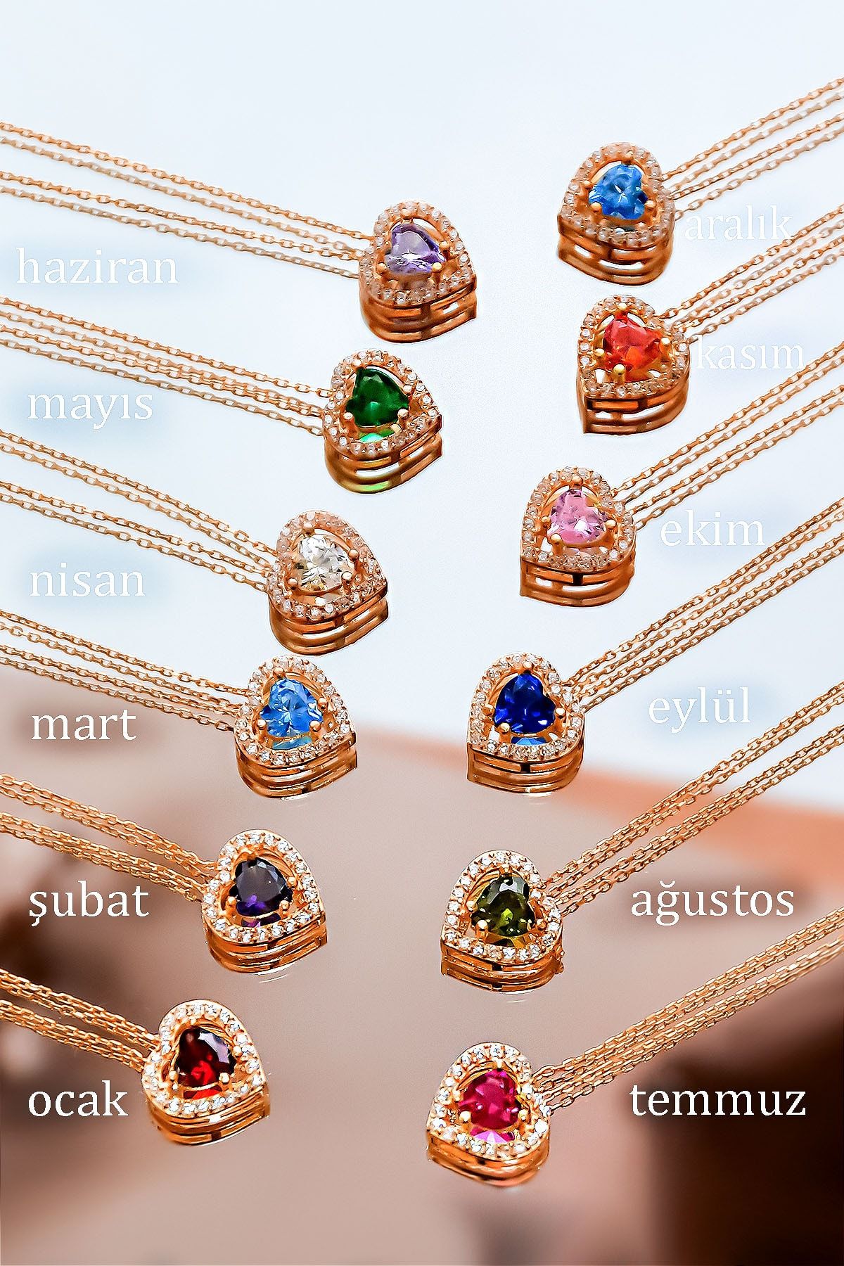 925 Ayar Gümüş Rodyum Kaplama Ekim Ayı Doğum Taşı Kalp Montür Kolye