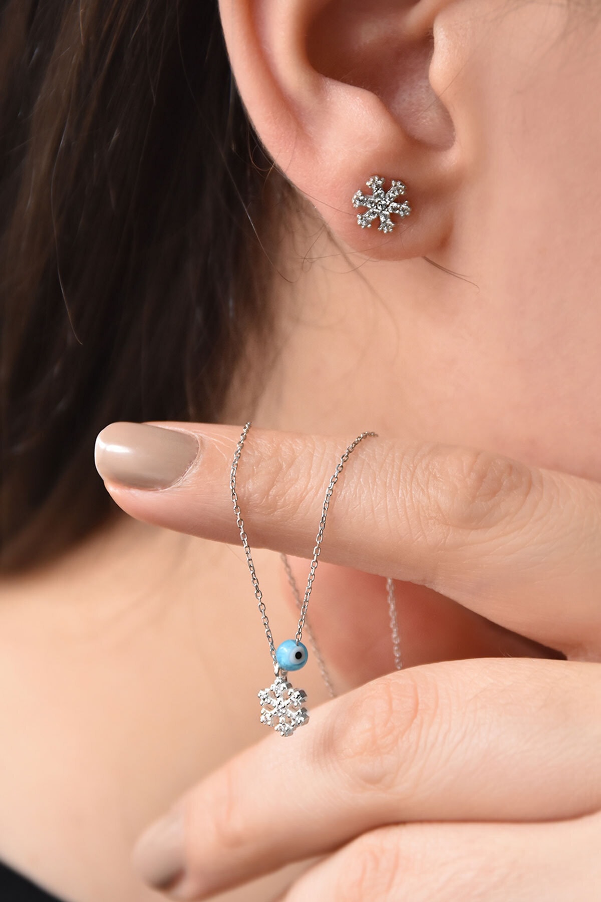 925 Ayar Gümüş Rodyum Kaplama Kar Tanesi Kolye Ve Küpe Takım