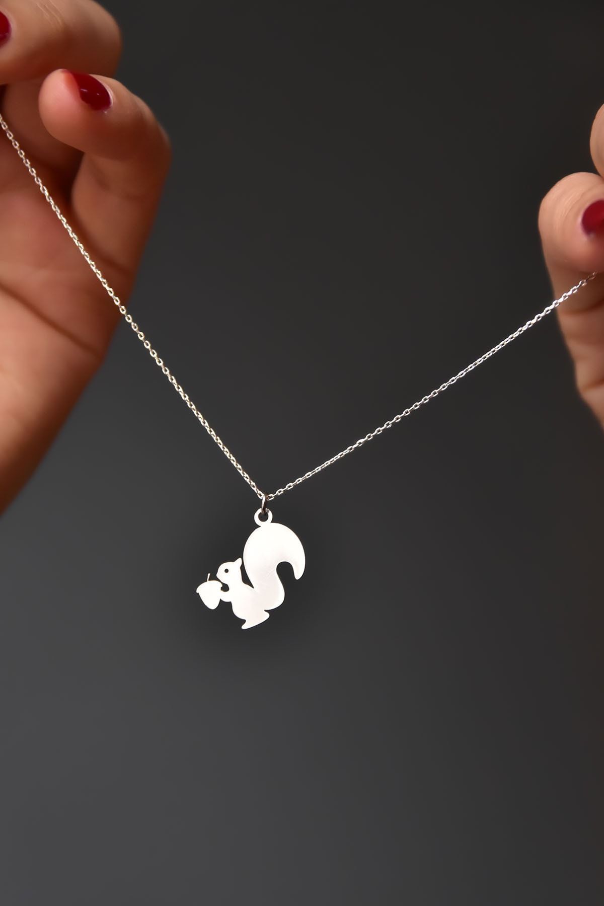 925 Ayar Gümüş Rodyum Kaplama Kesim Fındık Kurdu Sincap Kolye