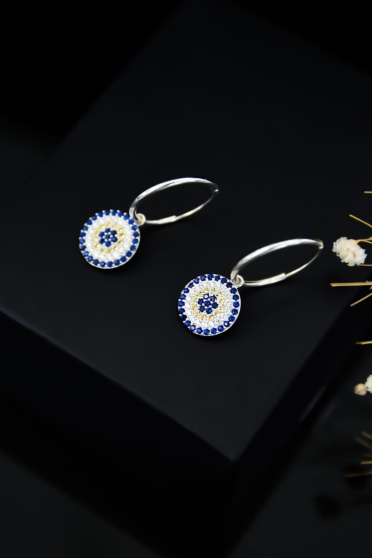 925 Ayar Gümüş Rodyum Kaplama Küçük Boy Nazar Halka Kadın Küpe Uvpts300016-1