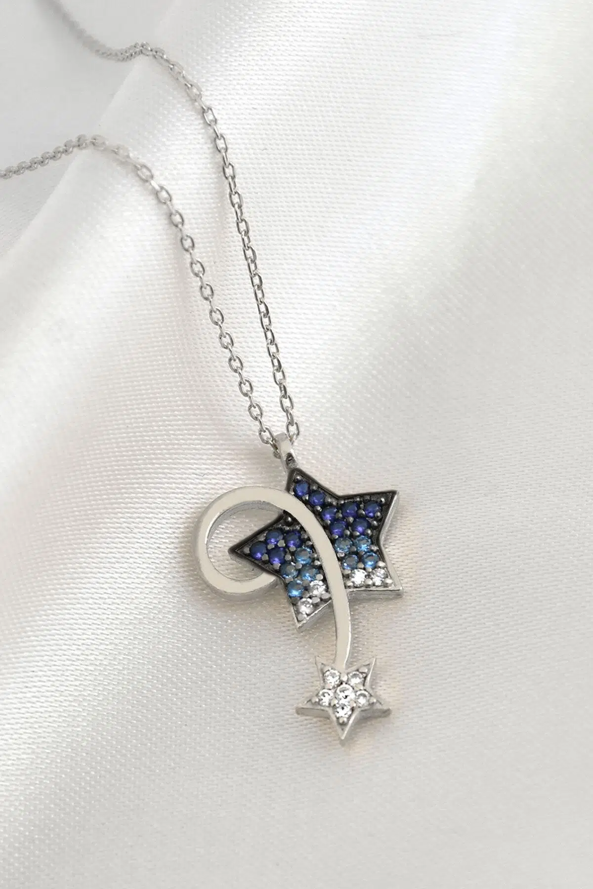 925 Ayar Gümüş Rodyum Kaplama Mavi Akışlı Kayan Yıldız Kolye