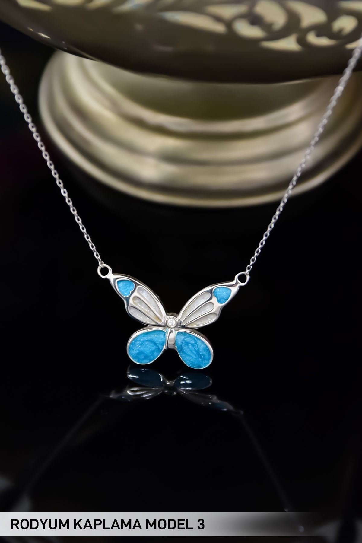 925 Ayar Gümüş Rodyum Kaplama Mavi Mineli Sedef Kelebek Kolye Model 3