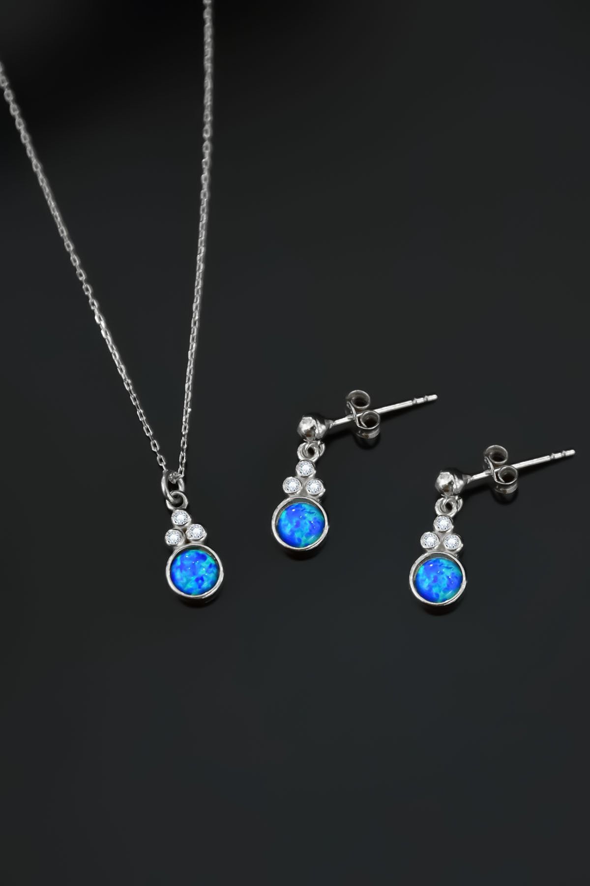 925 Ayar Gümüş Rodyum Kaplama Mavi Opal Yuvarlak Kolye Ve Çiftli Küpe