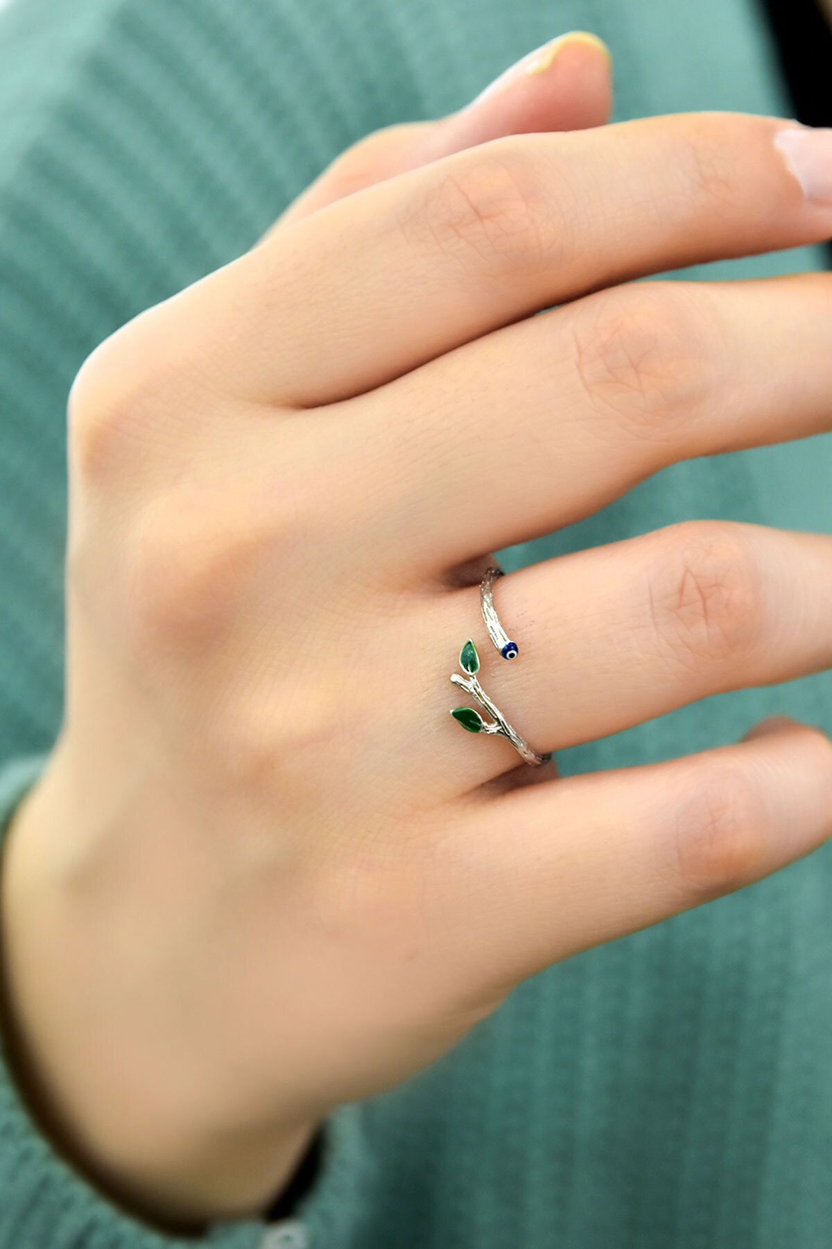 925 Ayar Gümüş Rodyum Kaplama Mineli Dal Yüzük