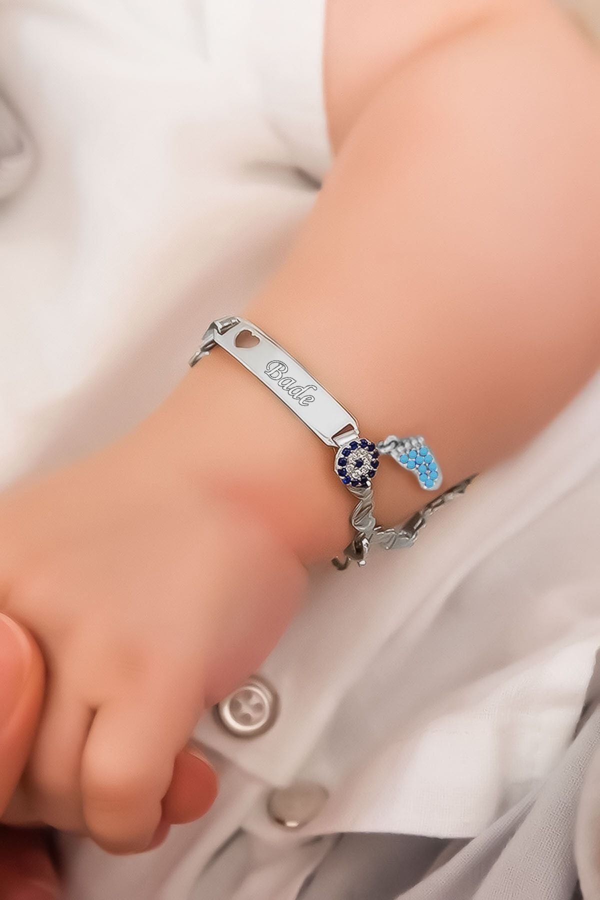 925 Ayar Gümüş Rodyum Kaplama Nazar Boncuklu Firuze Erkek.Pembe Kız Ayaklı İsimli Bebek Künyesi