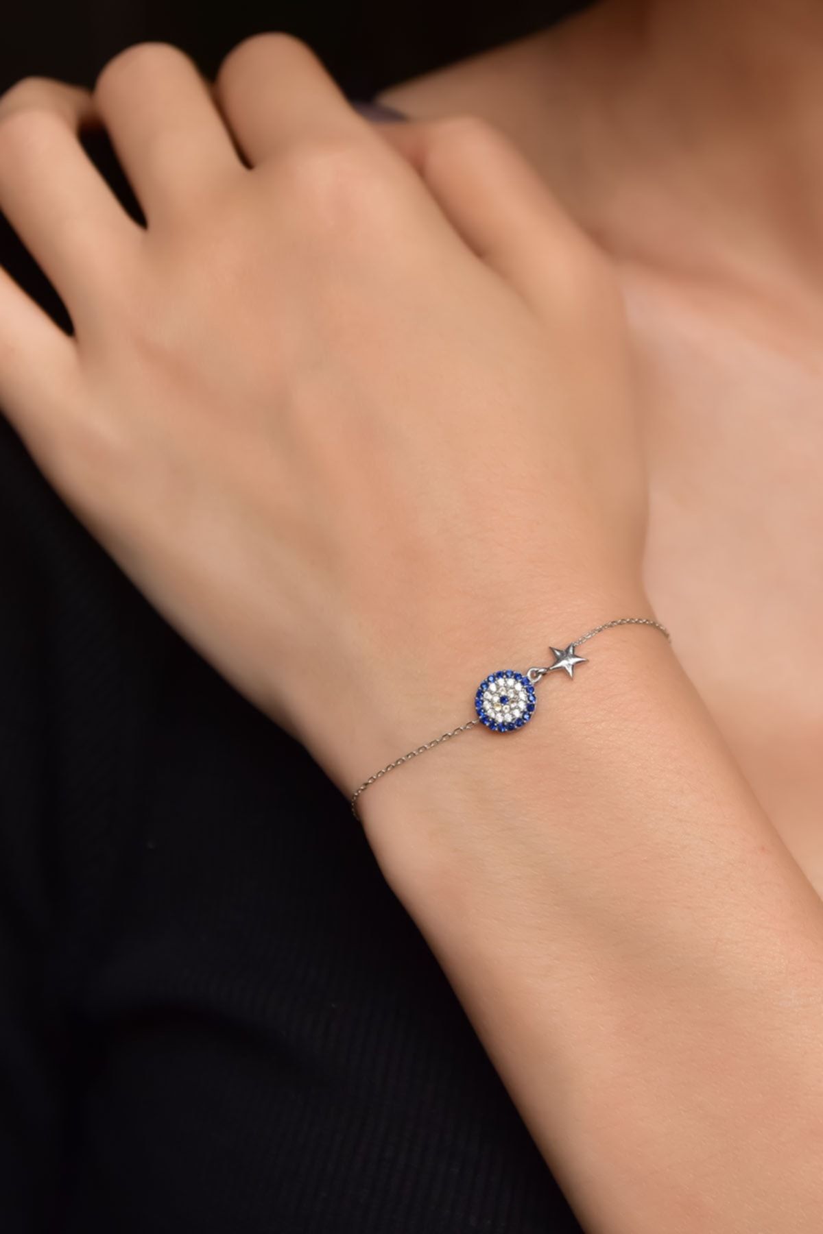 925 Ayar Gümüş Rodyum Kaplama Nazar Yıldız Bileklik