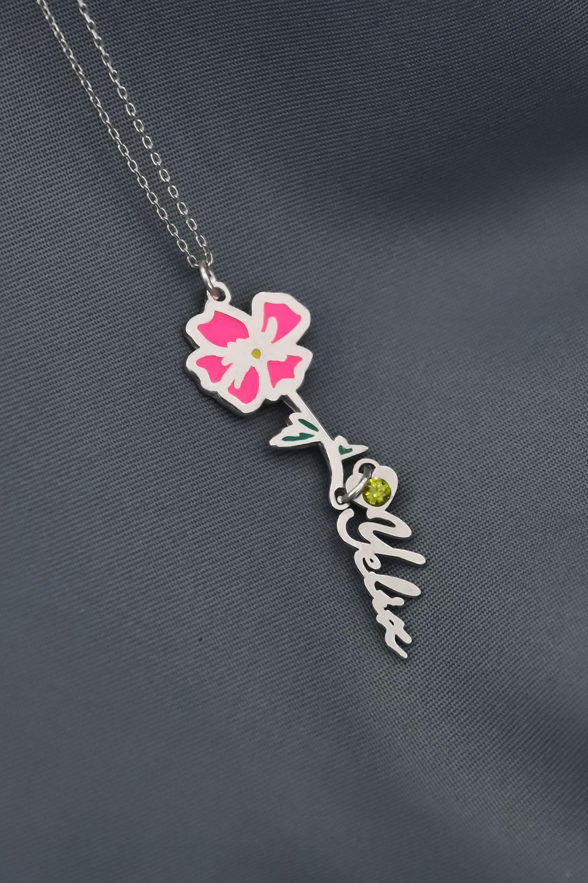 925 Ayar Gümüş Rodyum Kaplama Özel Tasarım Kalp Doğum Taşlı Mineli. Ağustos Ayı kolye.aralık ayı çiçeği, isimli Kolye