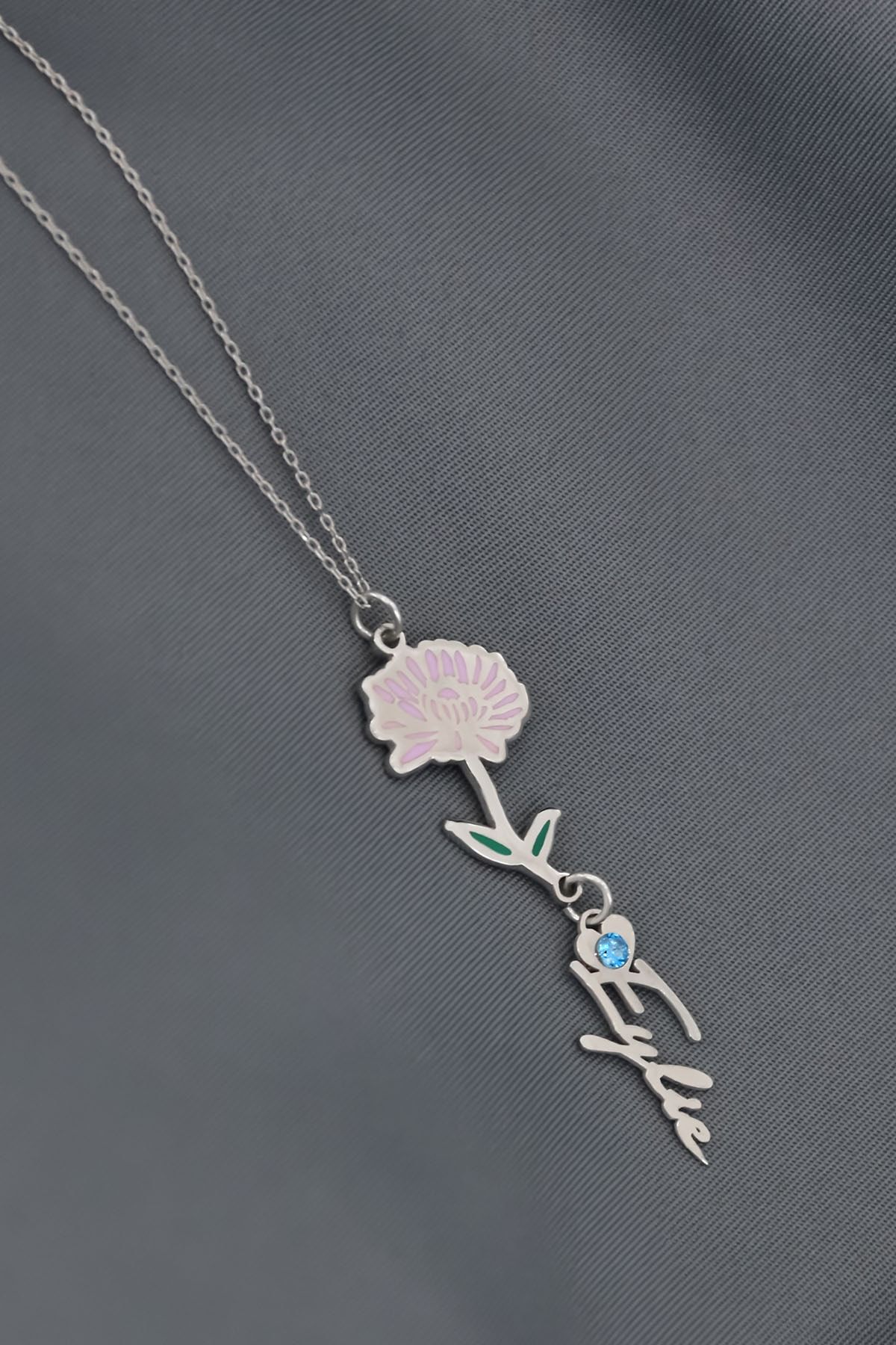 925 Ayar Gümüş Rodyum Kaplama Özel Tasarım Kalp Doğum Taşlı Mineli Kasım Ayı Kolyesi.Kasım Ayı Çiçeği. Isim Kolye