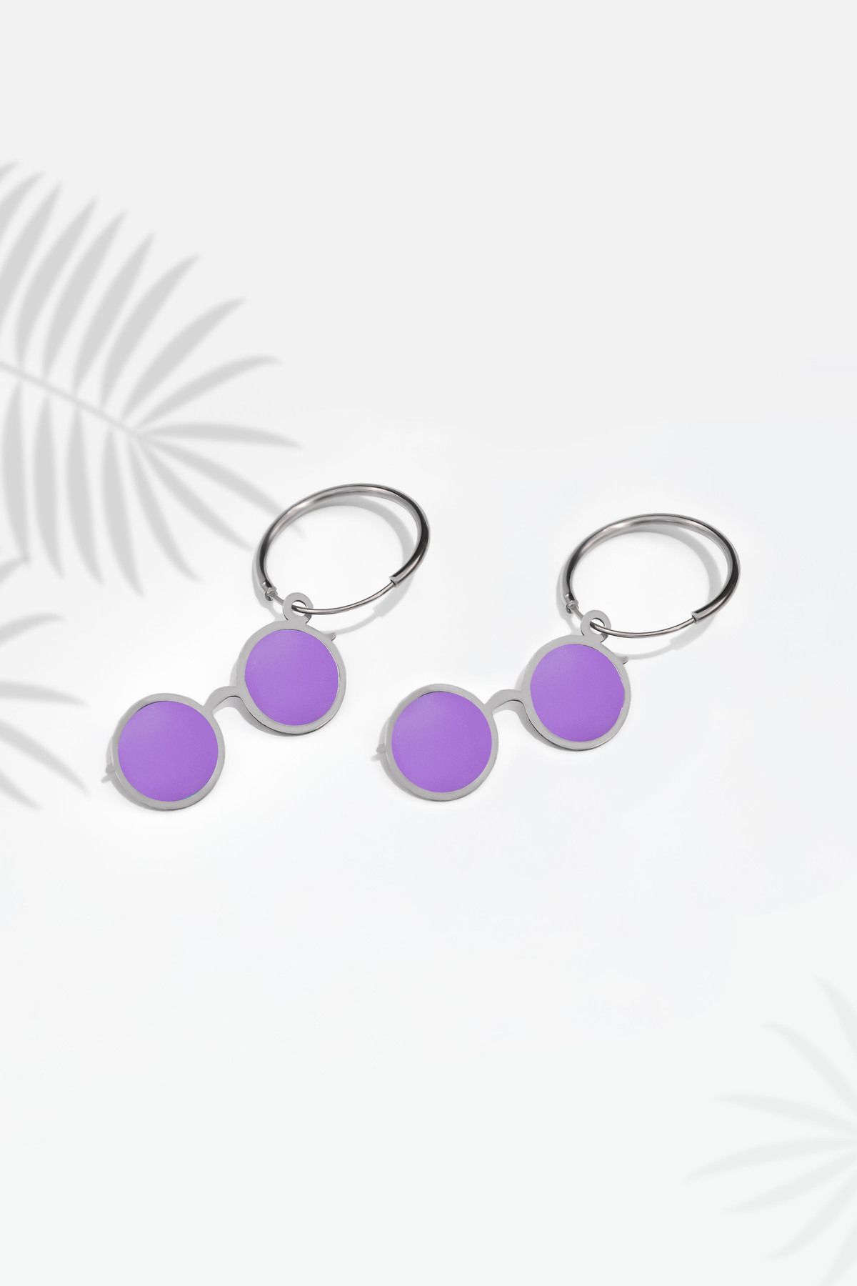 925 Ayar Gümüş Rodyum Kaplama Rüya Serisi, Lila Mineli Vintage Yuvarlak Gözlük Küpe