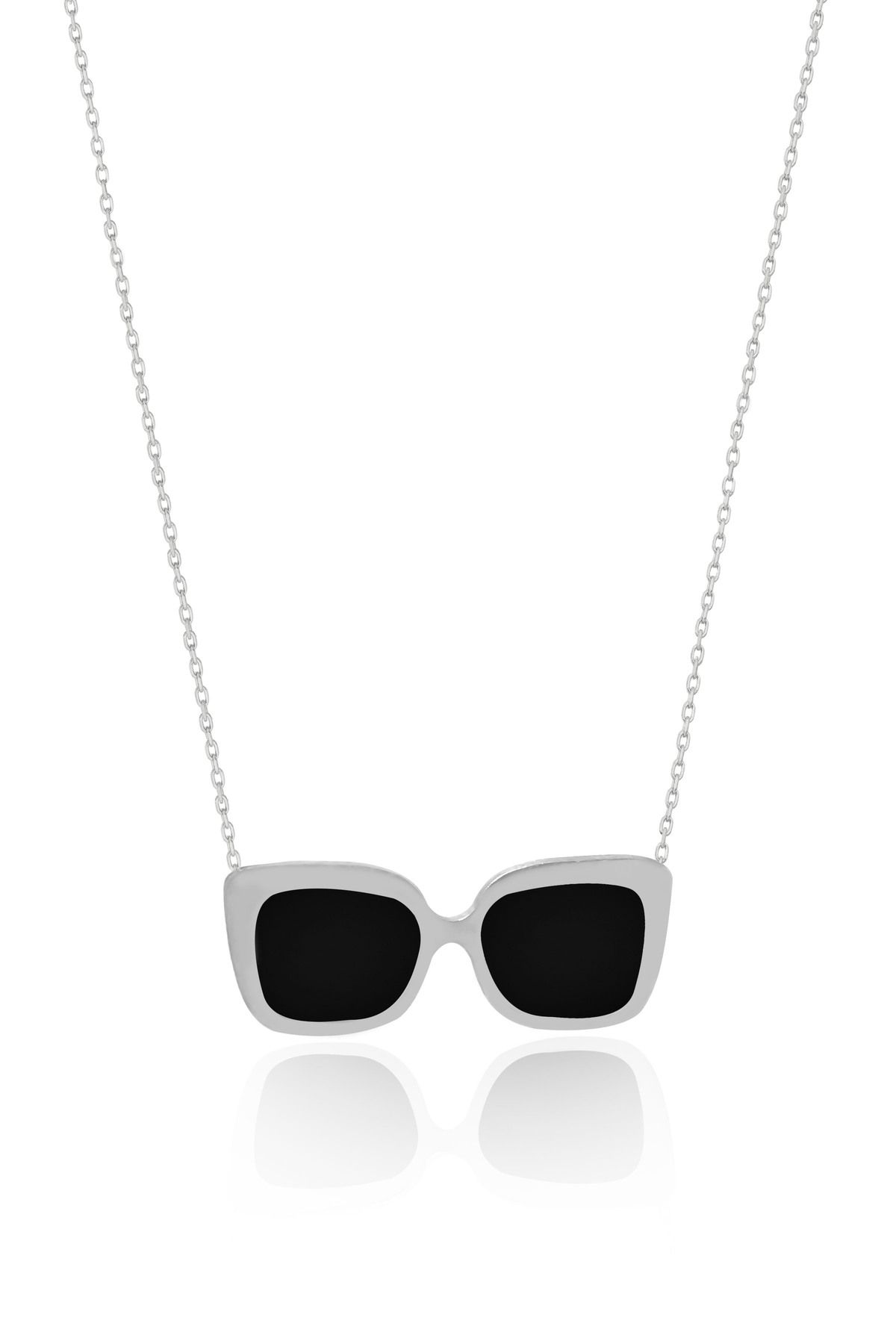 925 Ayar Gümüş Rodyum Kaplama Rüya Serisi Siyah Mineli Kare Model Gözlük Kolye