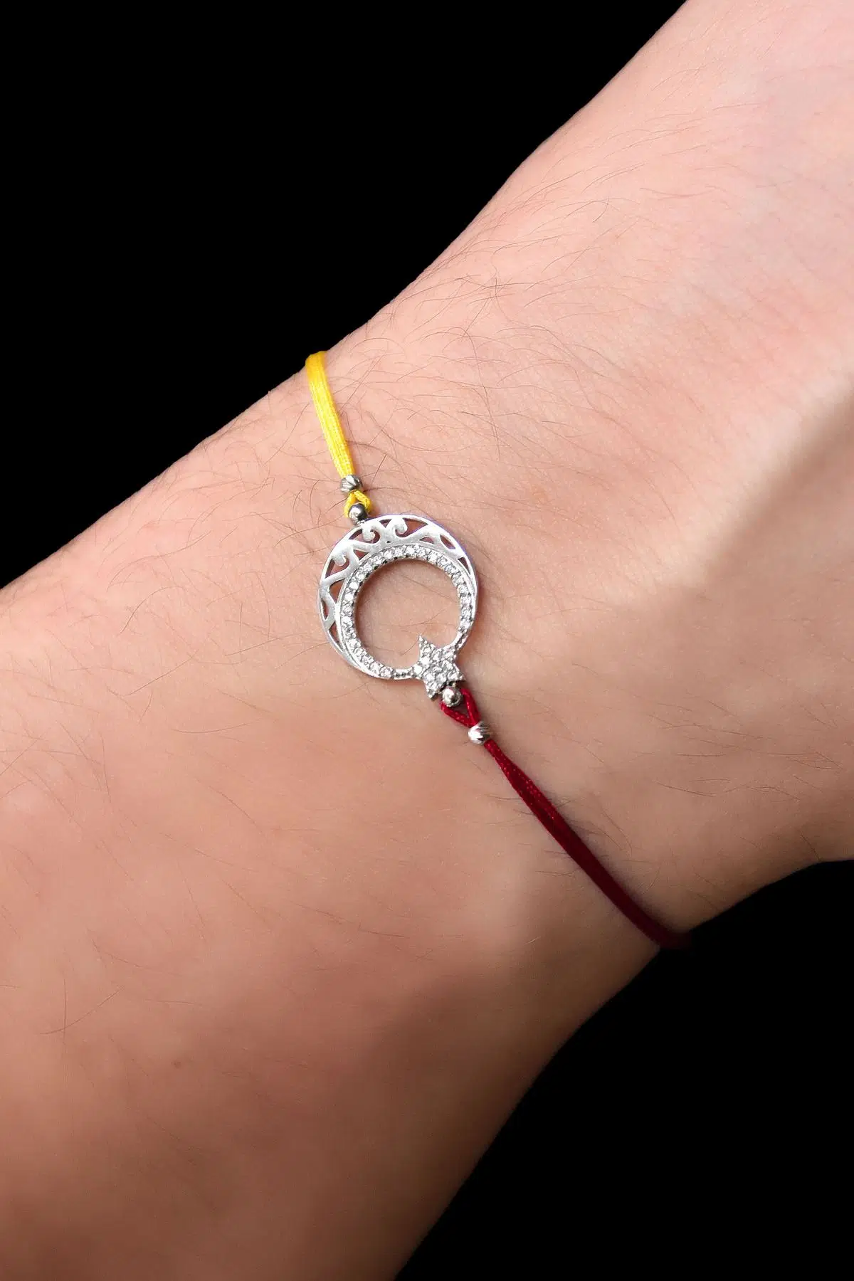 925 Ayar Gümüş Rodyum Kaplama Sarı Kırmızı, Taraftar Desenli Ayyıldız Erkek Bileklik