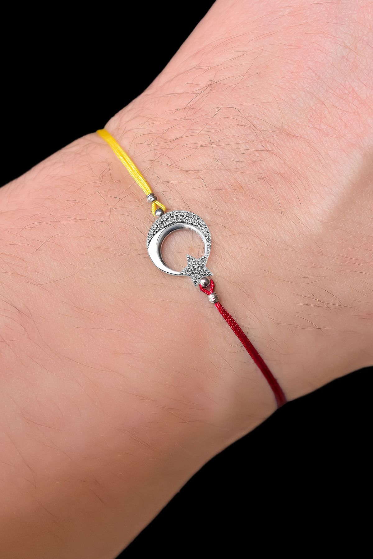 925 Ayar Gümüş Rodyum Kaplama Sarı Kırmızı ,Taraftar Yarım Ayyıldız Erkek Bileklik