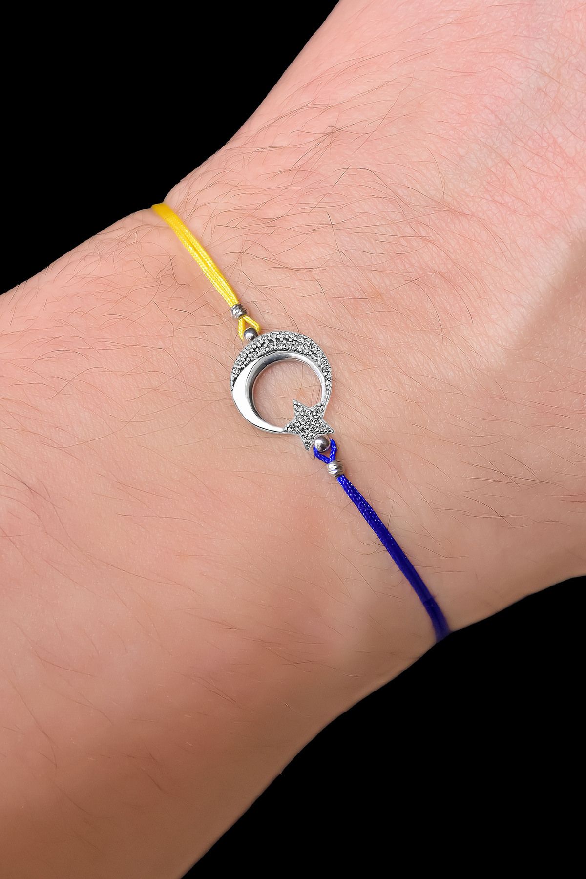925 Ayar Gümüş Rodyum Kaplama Sarı Lacivert ,Taraftar Yarım Ayyıldız Erkek Bileklik