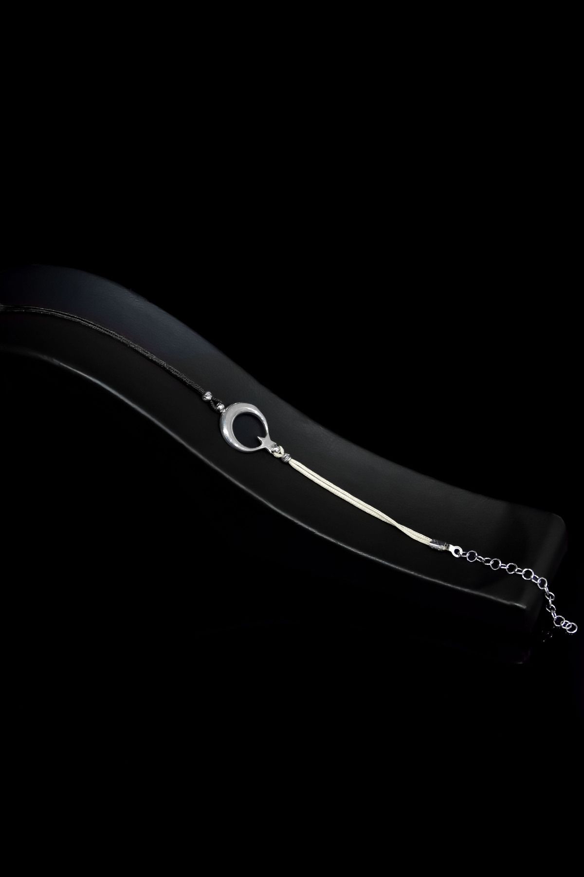 925 Ayar Gümüş Rodyum Kaplama Siyah Beyaz Taşsız Ayyıldız Erkek Bileklik