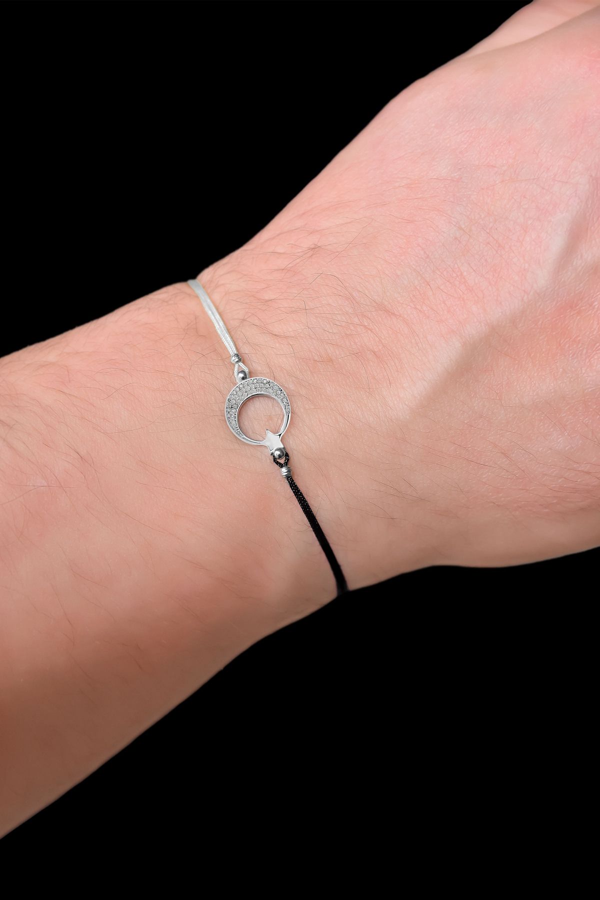 925 Ayar Gümüş Rodyum Kaplama Siyah Beyaz Zirkon Taşlı Ayyıldız Erkek Bileklik