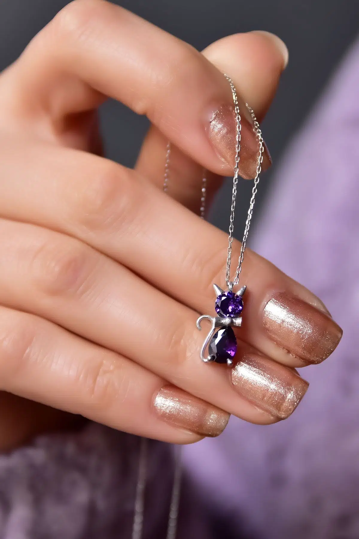 925 Ayar Gümüş Rodyum Kaplama Şubat Ayı Doğum Taşlı Kedi Kolye