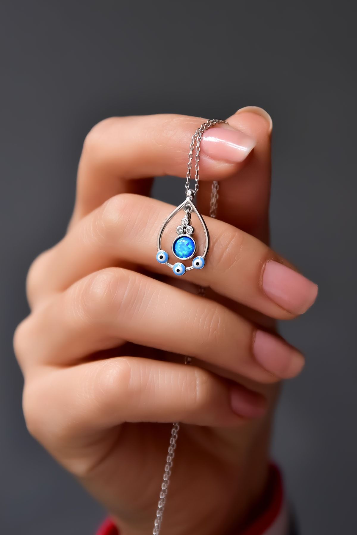 925 Ayar Gümüş Rodyum Kaplama Tasarım Opal Yuvarlak, Mineli Gözlü Damla Kolye