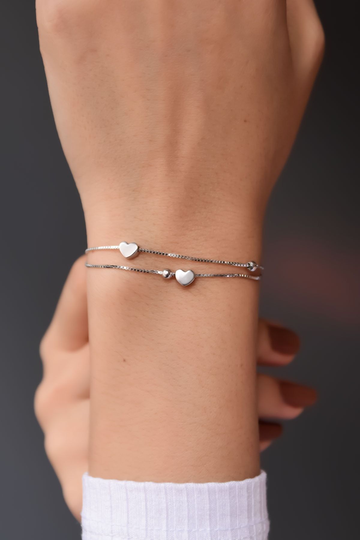 925 Ayar Gümüş Rodyum Kaplama Toplu Iki Zincirli Kalp Bileklik