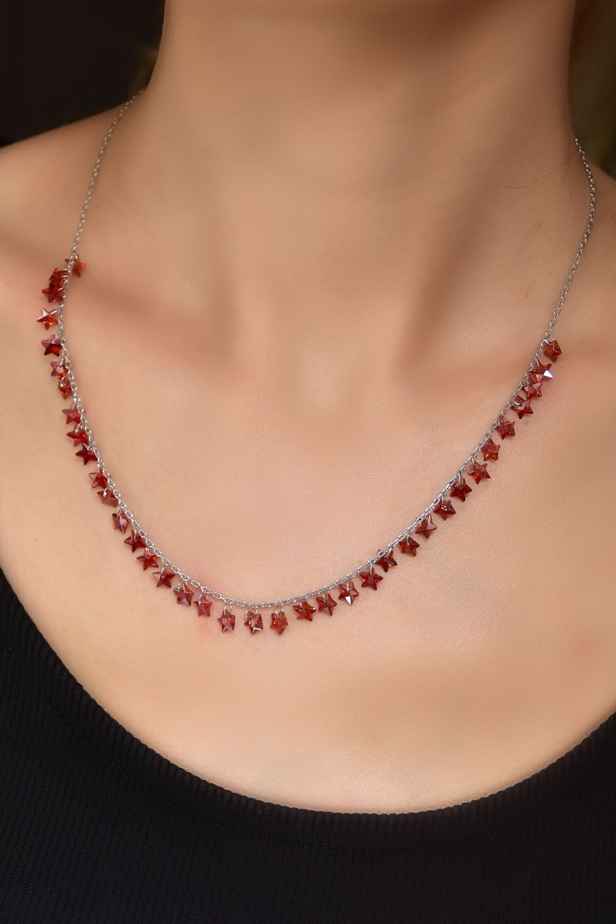 925 Ayar Gümüş Rodyum Kaplama Turuncu Zirkon Taşlı Yıldız Kolye