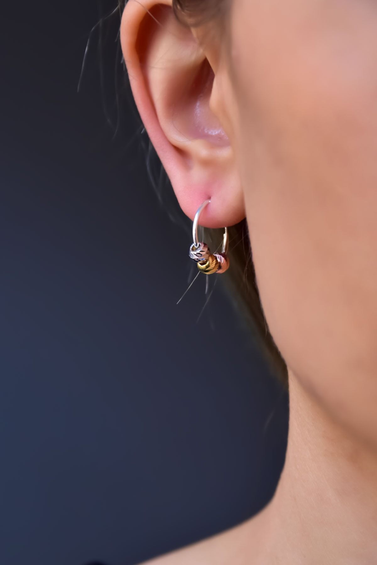 925 Ayar Gümüş Rodyum Kaplama Üç Renk Dorika Toplu Halka Küpe