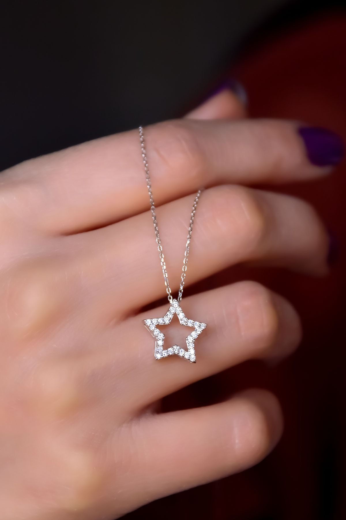 925 Ayar Gümüş Rodyum Kaplama Zirkon Taşlı Montür Yıldız Kolye