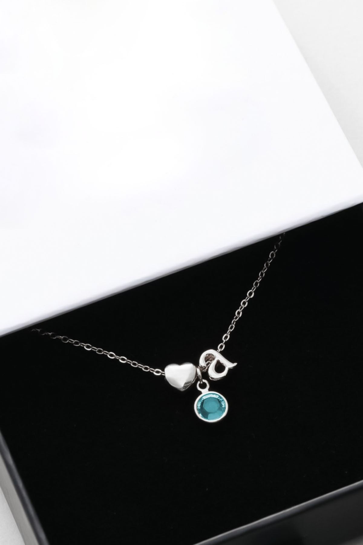 925 Ayar Gümüş Rodyum Mini Üç Boyutlu A Harfi Kalp Doğum Taşlı Kolye