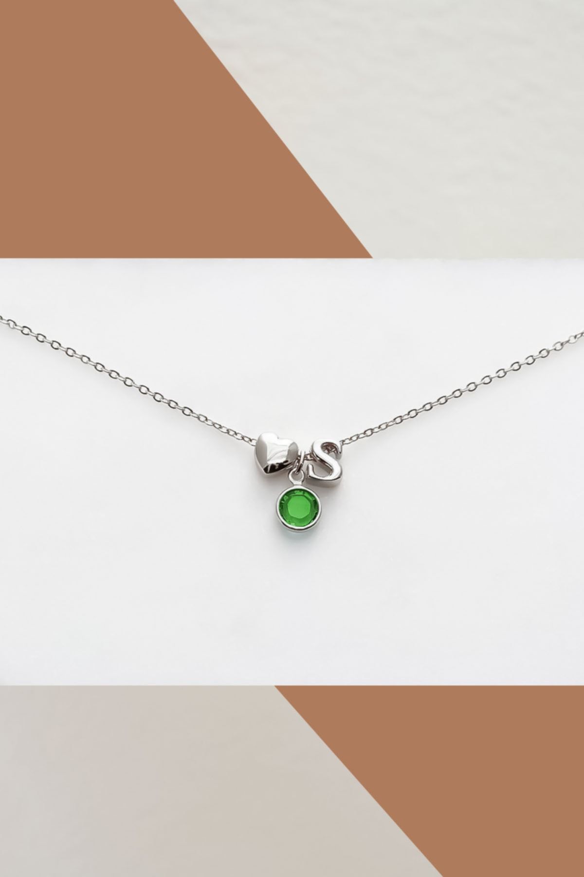 925 Ayar Gümüş Rodyum Mini Üç Boyutlu S Harfi Kalp Doğum Taşlı Kolye