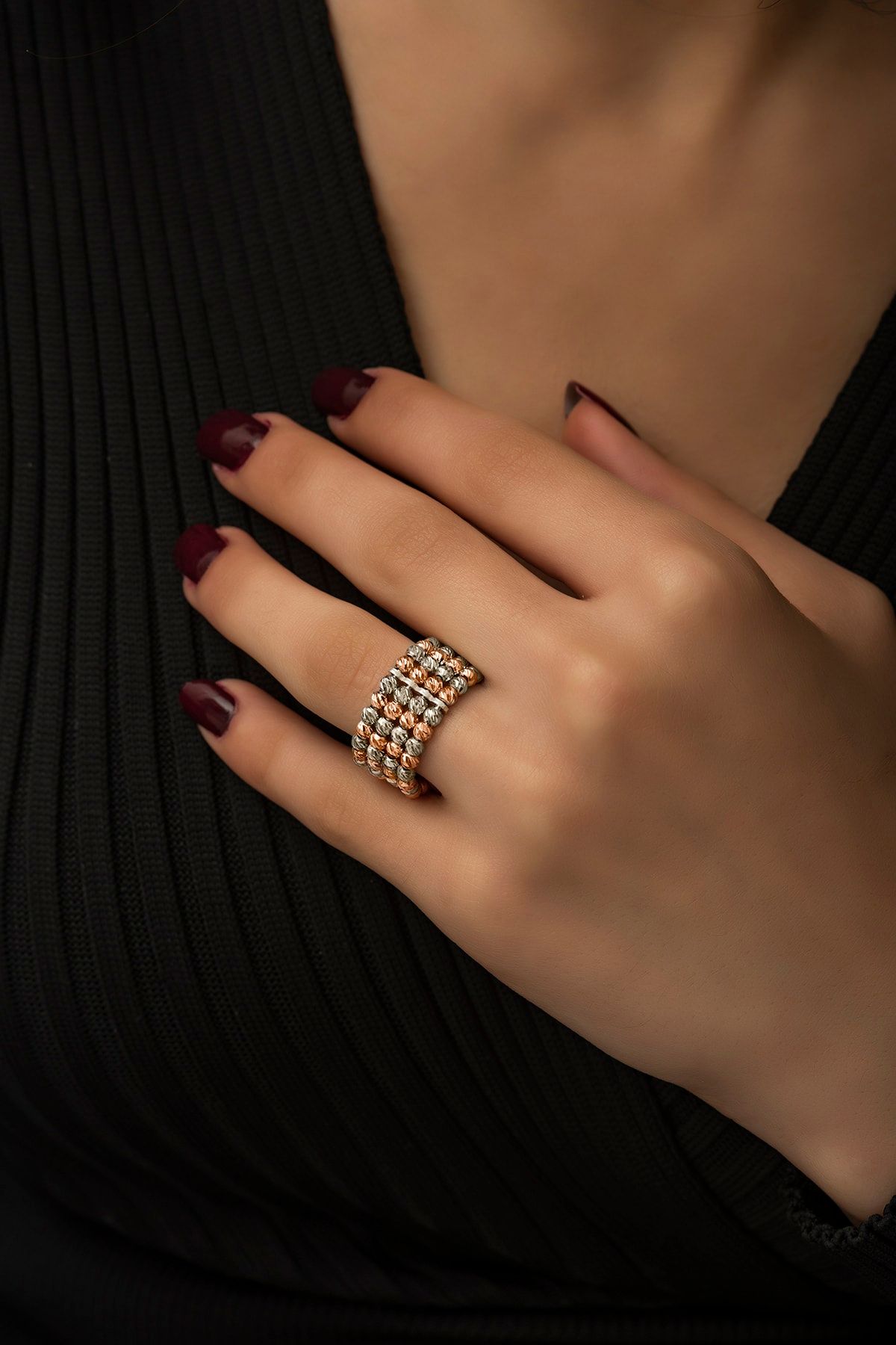 925 Ayar Gümüş Rodyum-rose Dört Sıra Ayarlanabilir Dorika Toplu Gümüş Yüzük