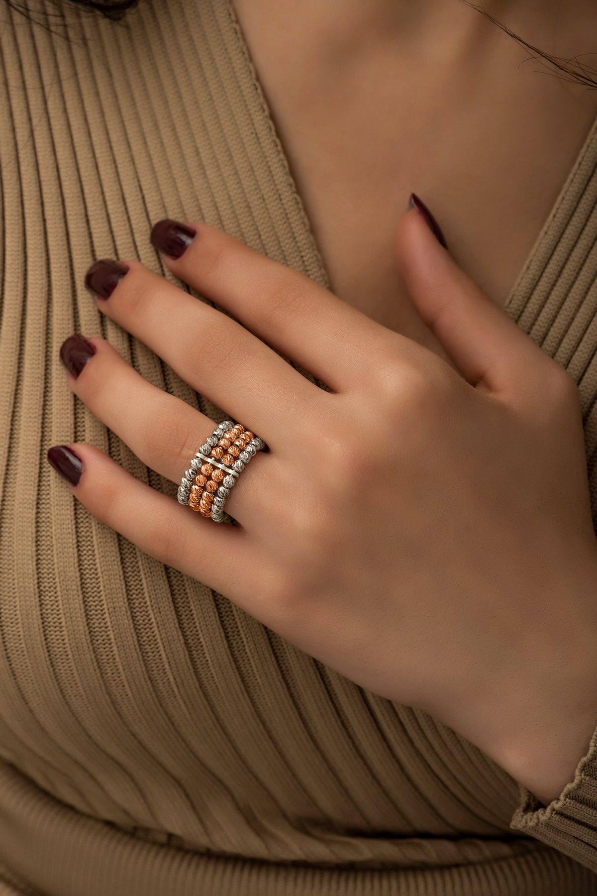 925 Ayar Gümüş Rodyum-rose Dört Sıra Ayarlanabilir Dorika Toplu Gümüş Yüzük