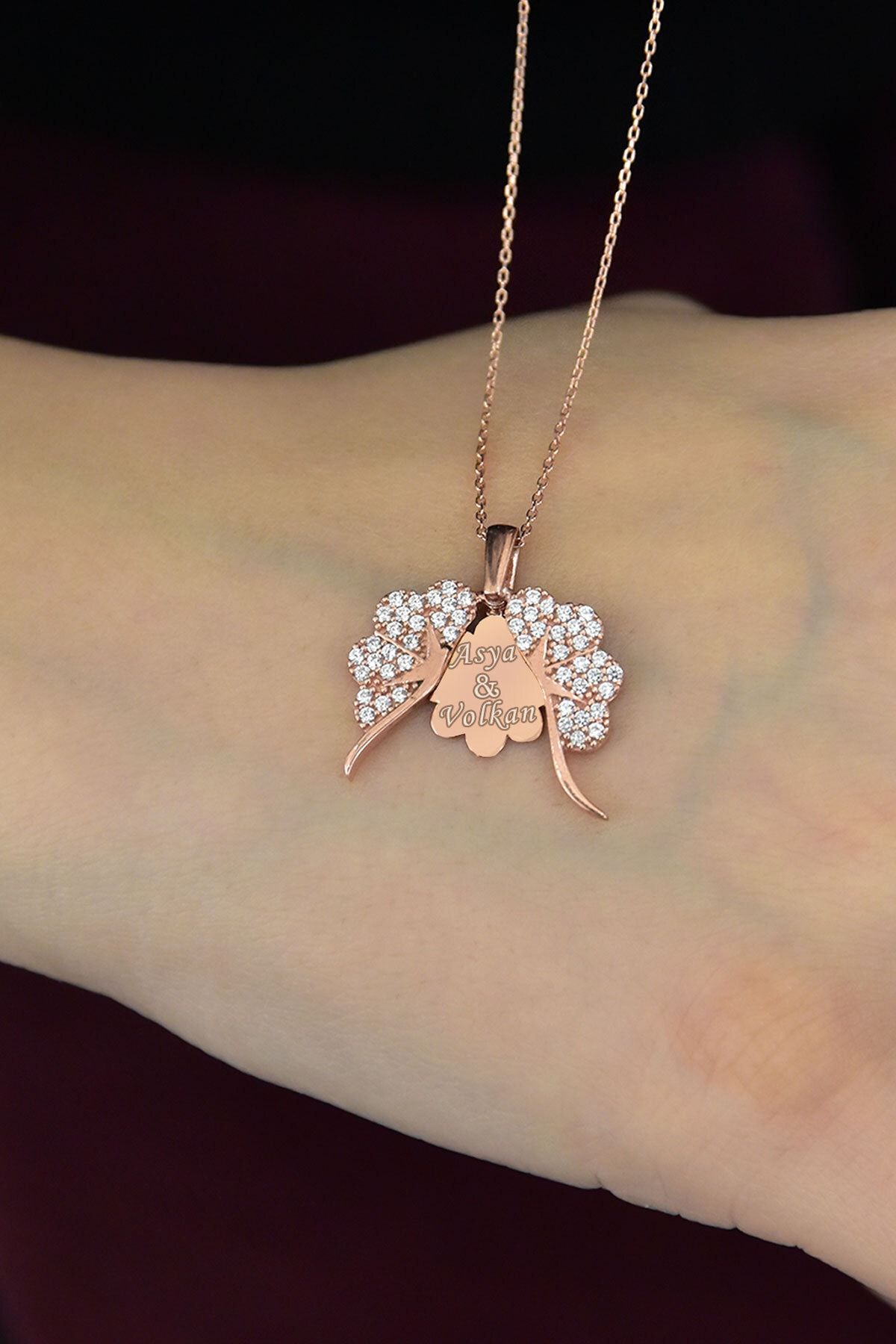 925 Ayar Gümüş Rose Altın Kaplama Isimli Yonca Kolye