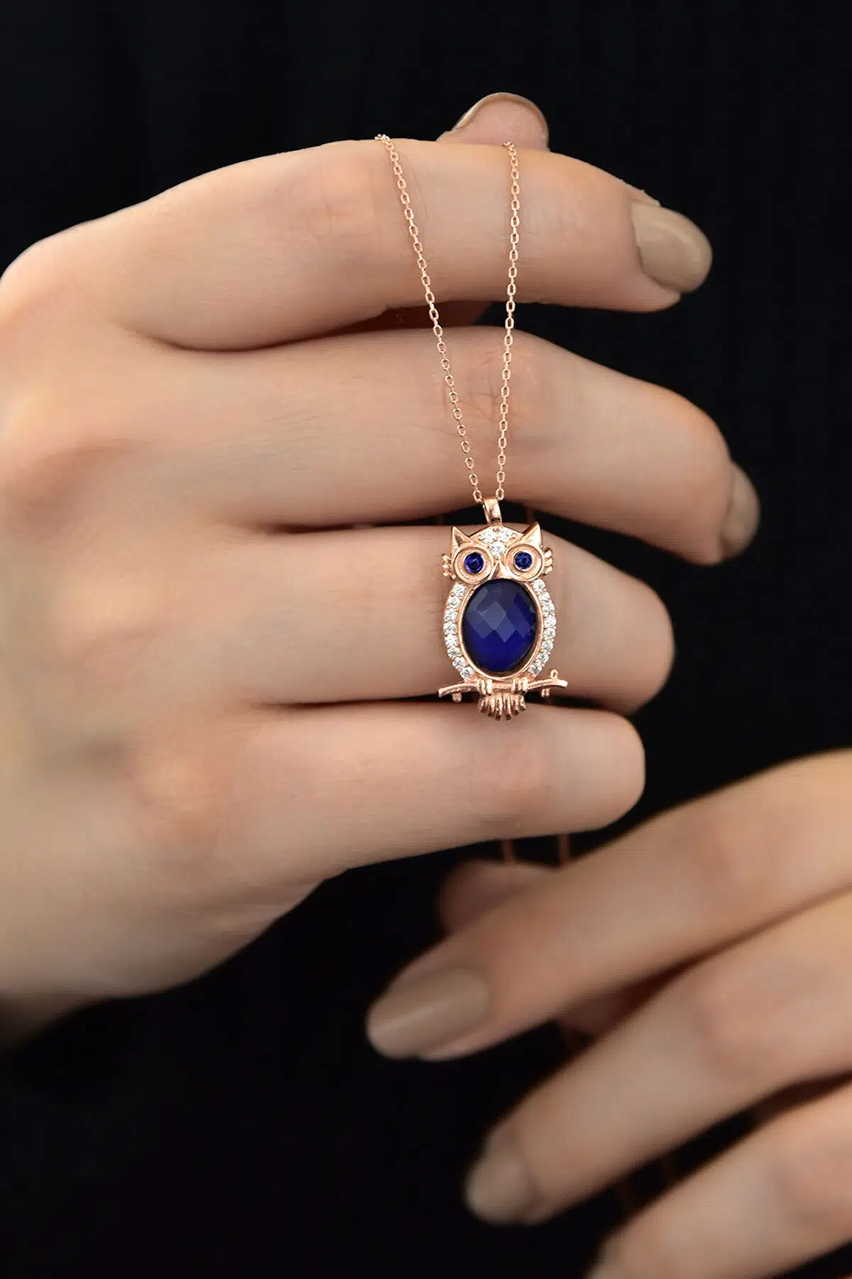 925 Ayar Gümüş Lacivert Göz His Taşı Baykuş Kolye.rose.gold.rodaj
