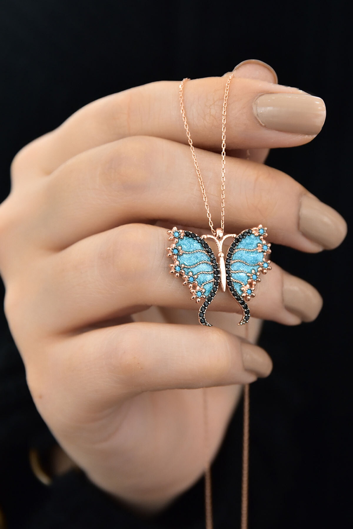 925 Ayar Gümüş Rose Altın Kaplama Mineli Kelebek Kolye