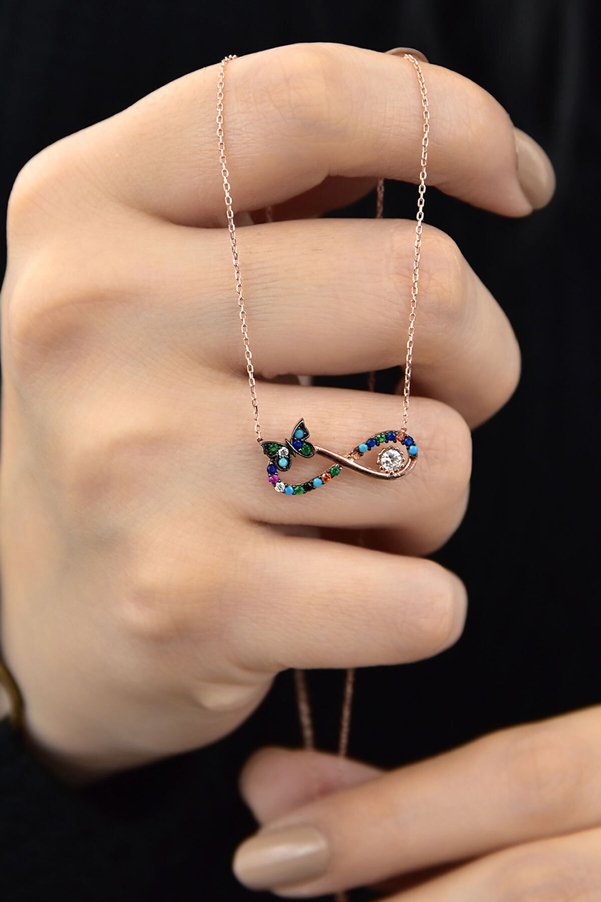 925 Ayar Gümüş Rose Altın Kaplama Renkli Taşlı Kelebek Kolye